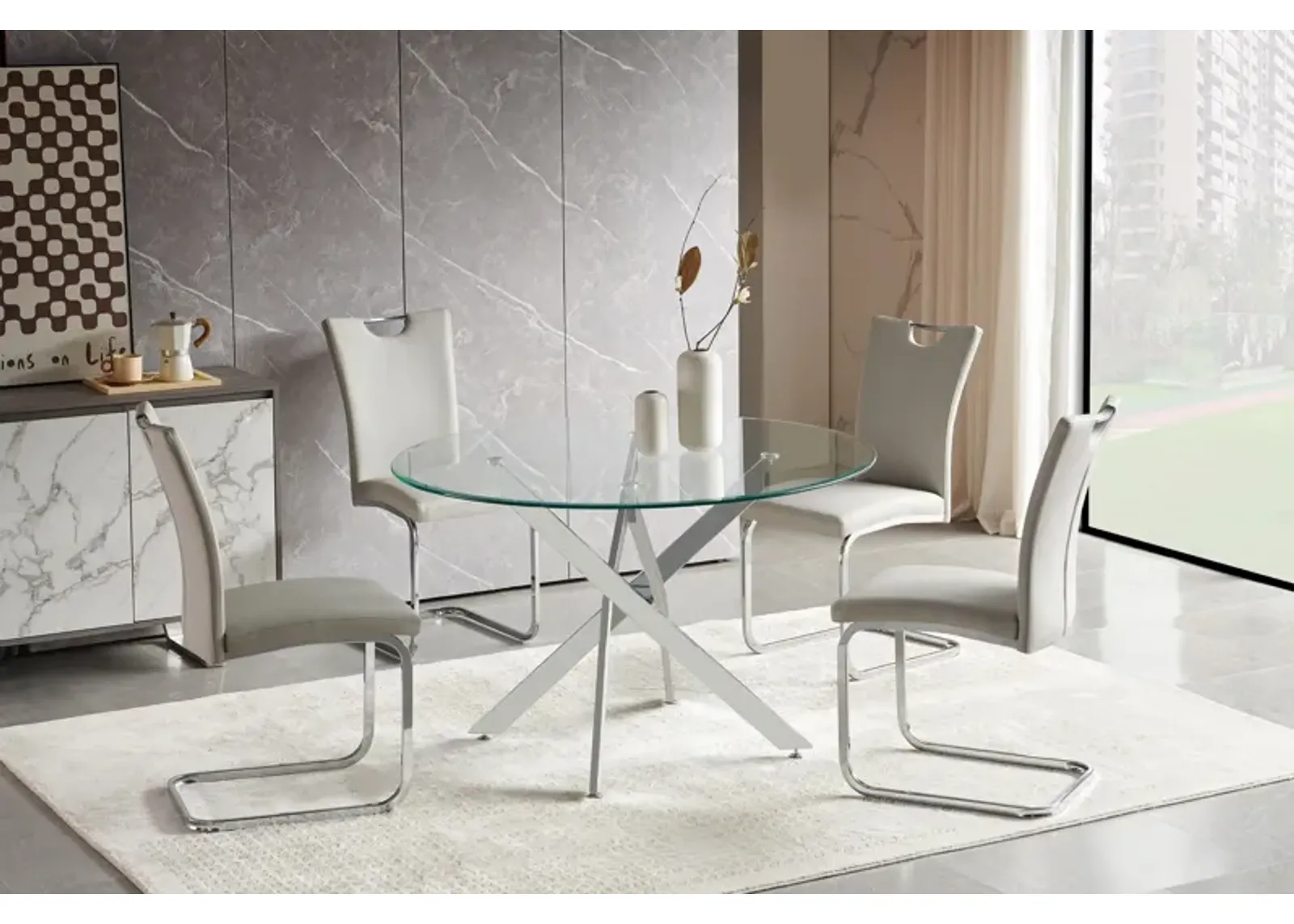 Rossi Round Table + 4 Light Grey Chairs