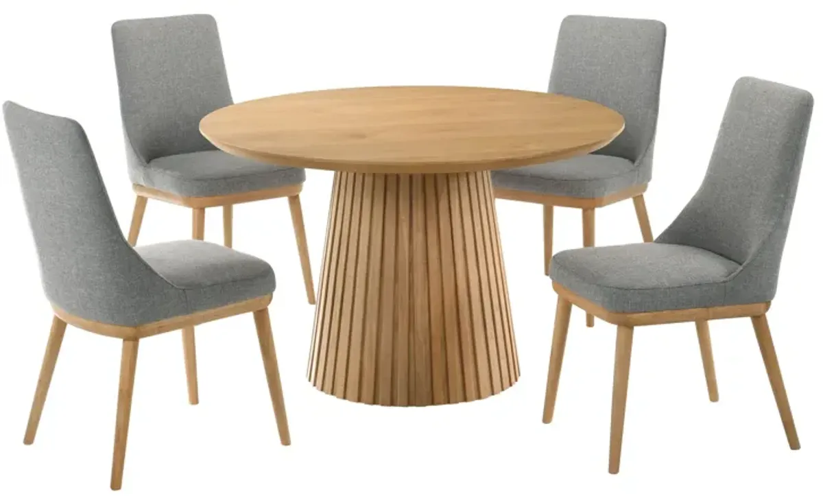 Revolve Table + 4 Upholstered Chairs in Oak Finish
