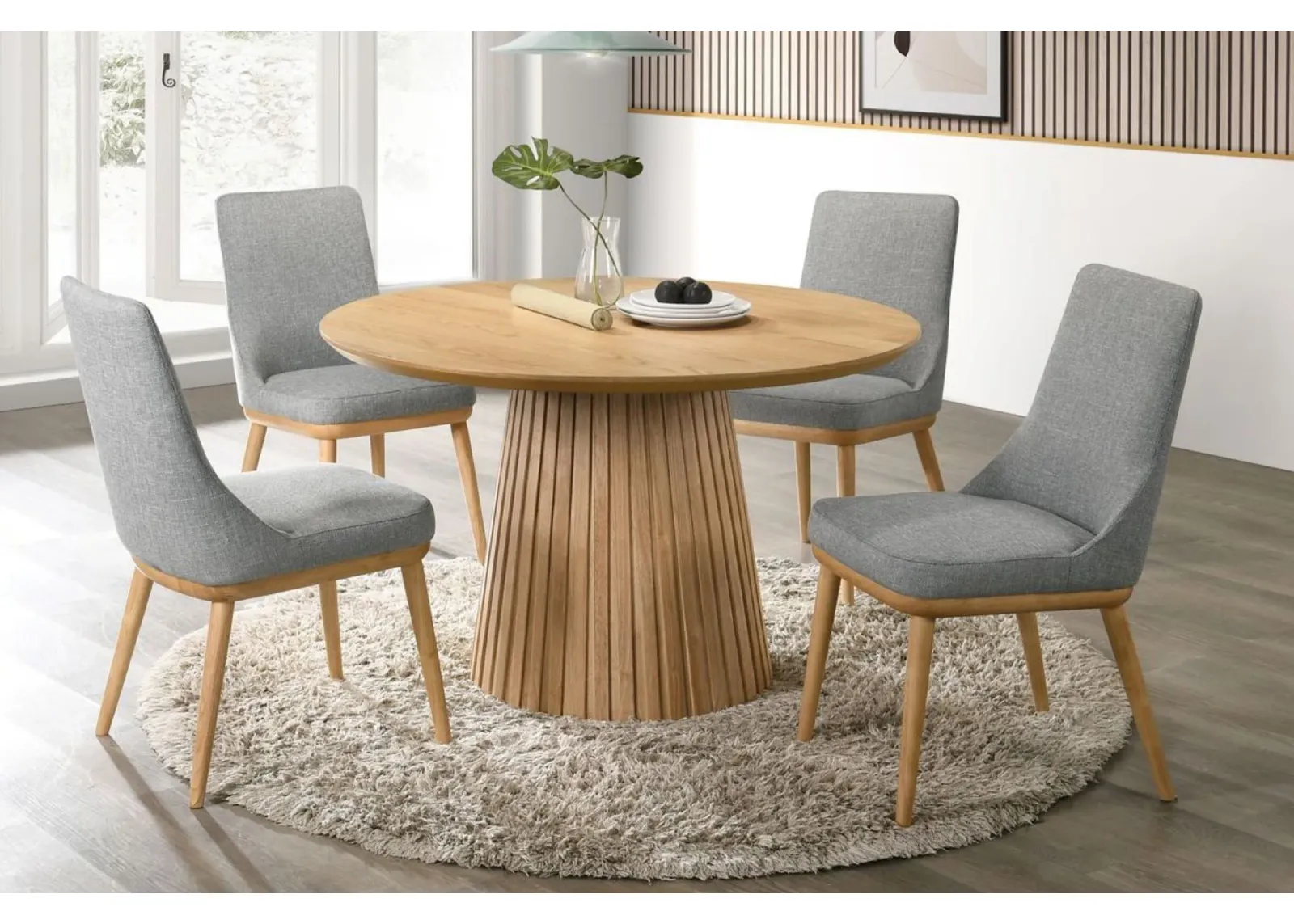 Revolve Table + 4 Upholstered Chairs in Oak Finish