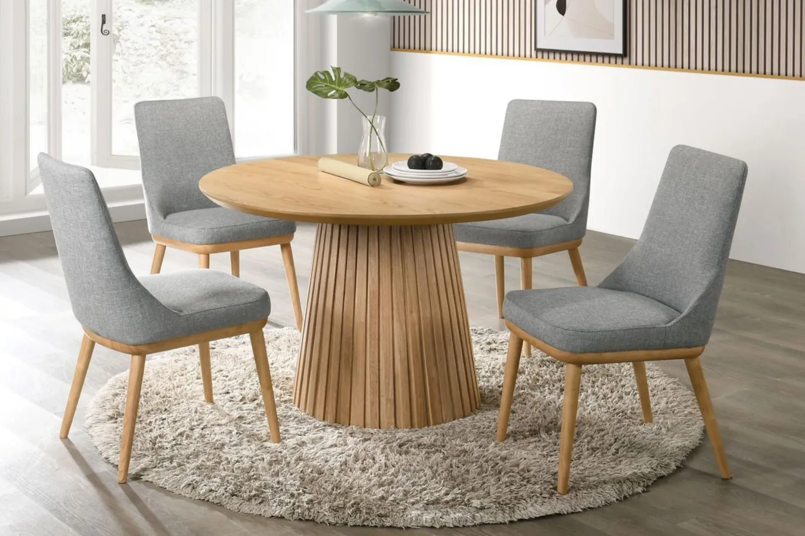 Revolve Table + 4 Upholstered Chairs in Oak Finish