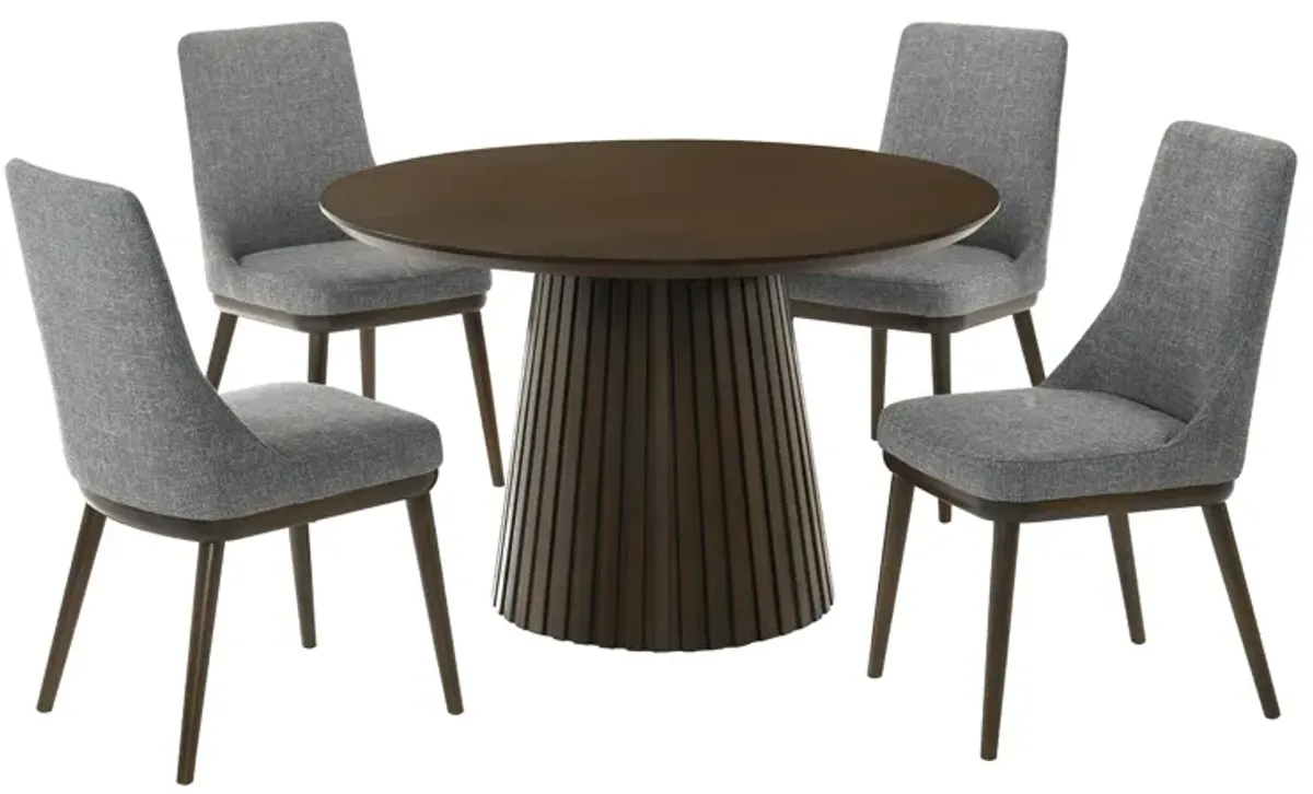 Revolve Table + 4 Upholstered Chairs in Walnut Finish