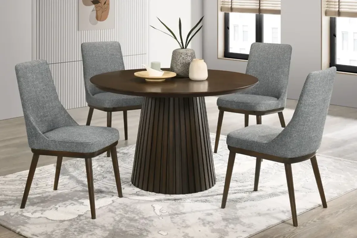 Revolve Table + 4 Upholstered Chairs in Walnut Finish