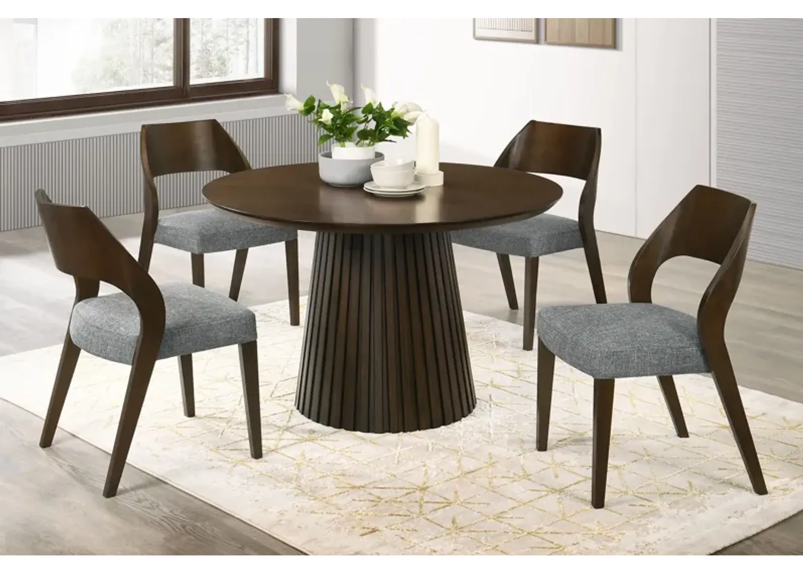 Revolve Table + 4 Wood Chairs in Walnut Finish