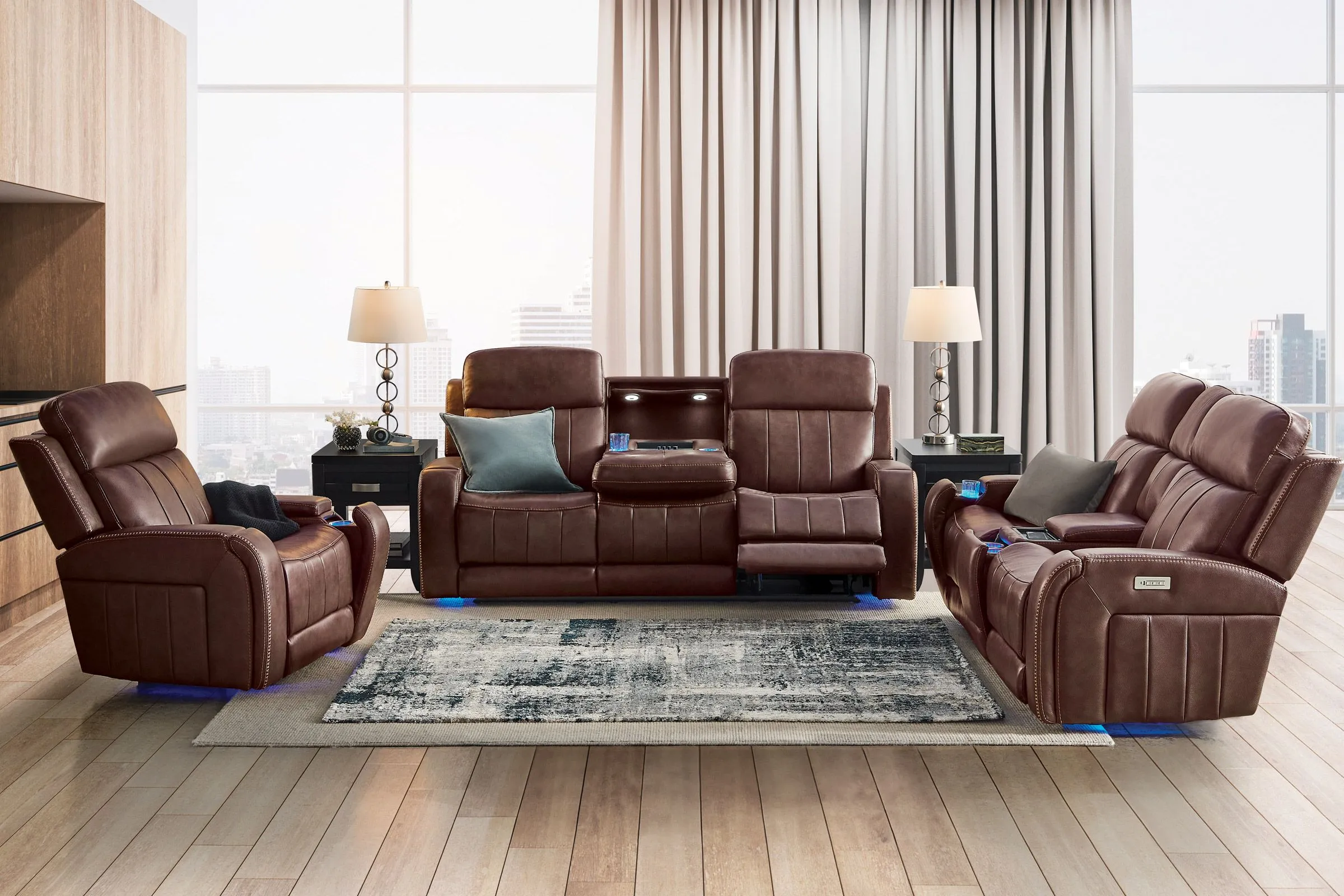 Maverick Brown Audio Triple Power Leather Reclining Sofa