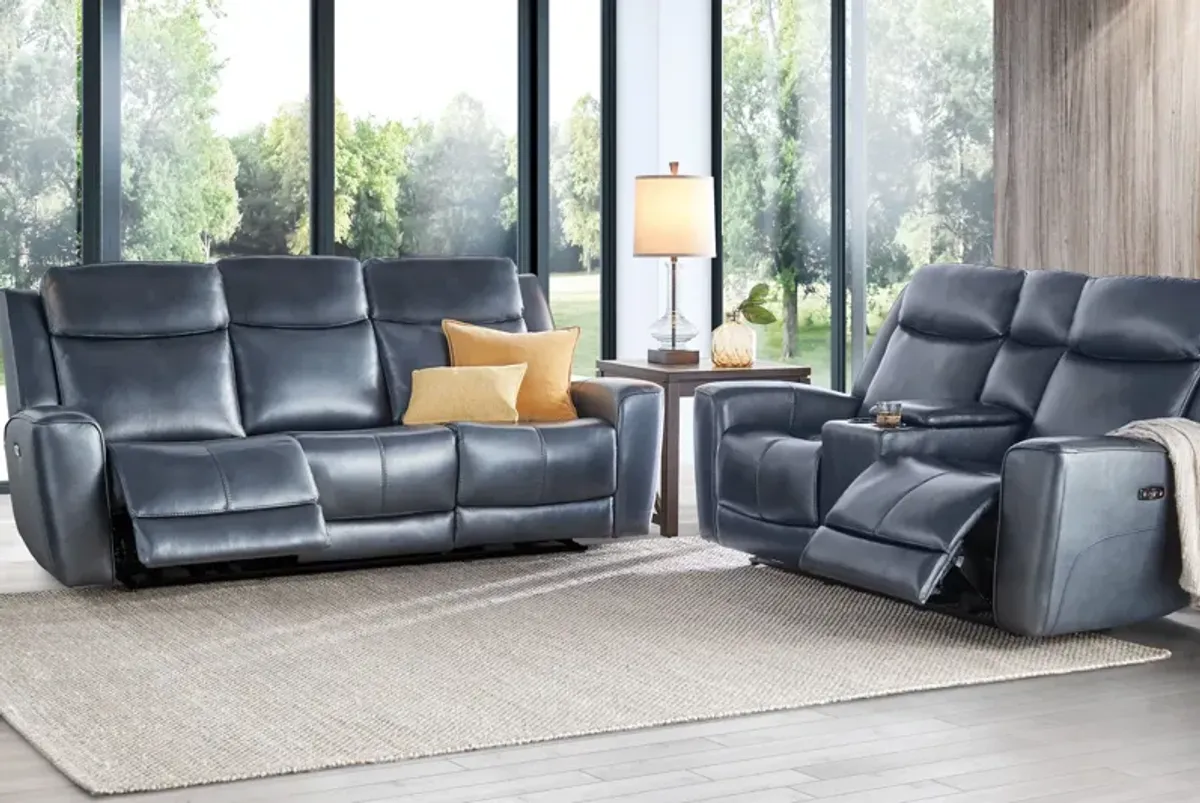 Scorpio Blue Leather Dual Power Reclining Console Loveseat