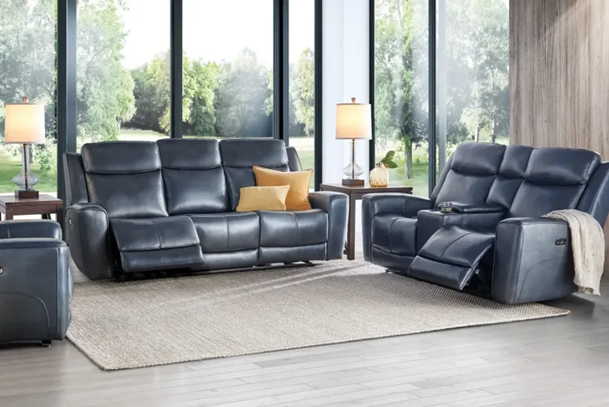 Scorpio Blue Leather Dual Power Reclining Console Loveseat