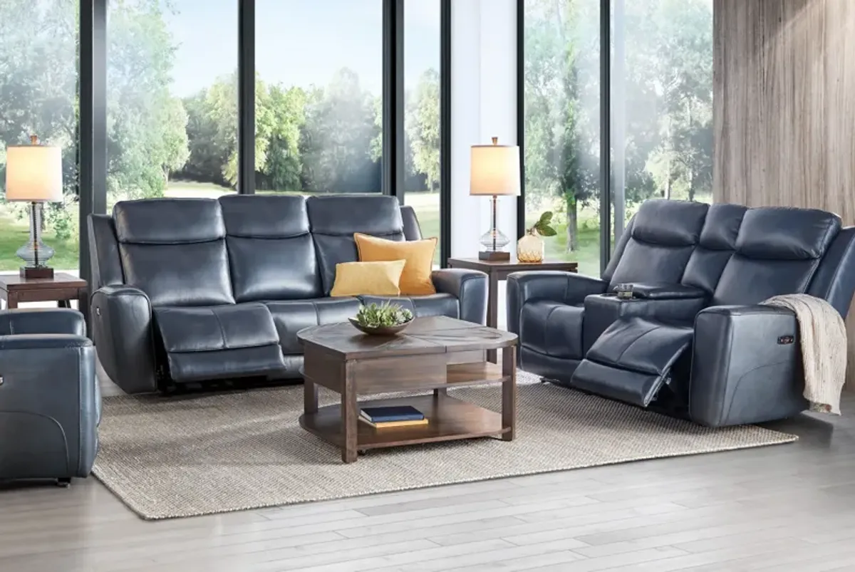 Scorpio Blue Leather Dual Power Reclining Console Loveseat