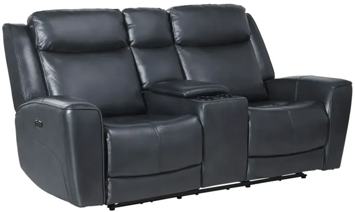 Scorpio Blue Leather Dual Power Reclining Console Loveseat