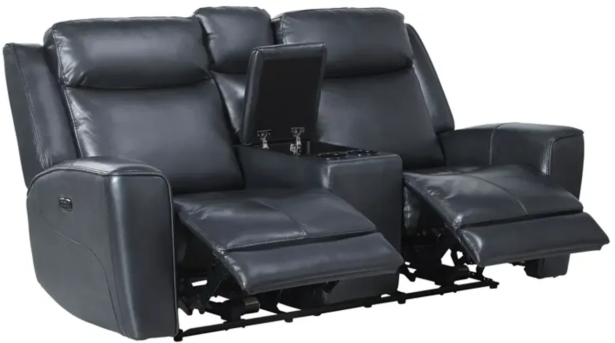 Scorpio Blue Leather Dual Power Reclining Console Loveseat