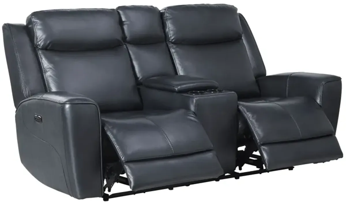 Scorpio Blue Leather Dual Power Reclining Console Loveseat