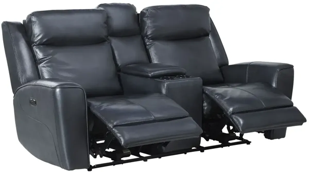 Scorpio Blue Leather Dual Power Reclining Console Loveseat