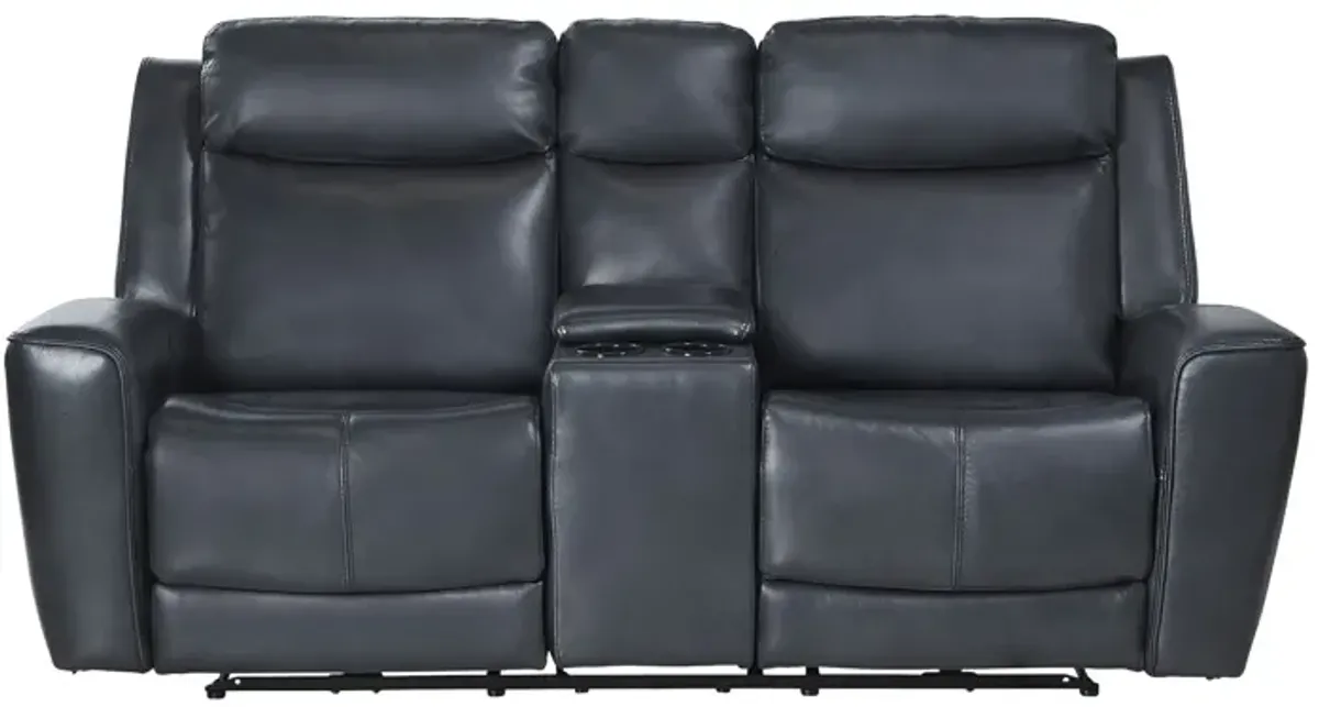 Scorpio Blue Leather Dual Power Reclining Console Loveseat