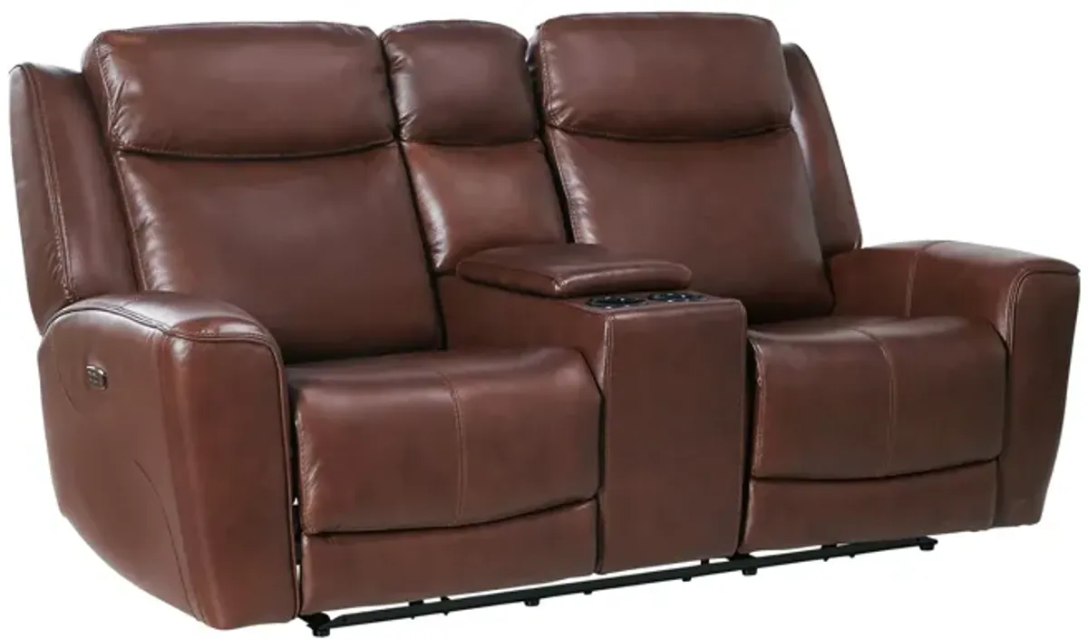 Scorpio Brown Leather Dual Power Reclining Console Loveseat