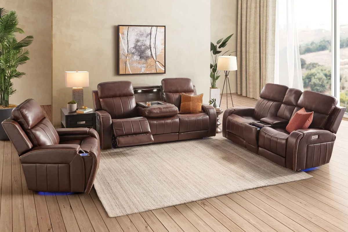 Maverick Brown Audio Triple Power Leather Reclining Console Loveseat