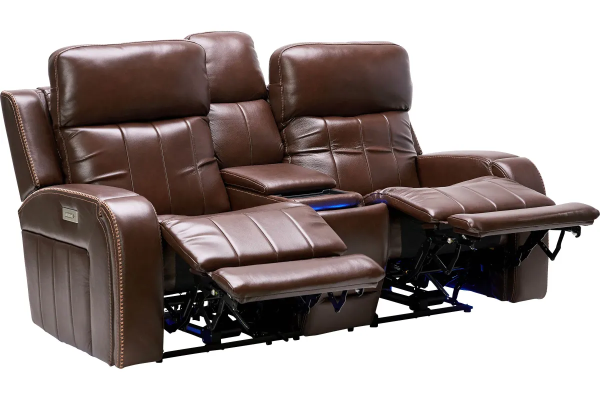 Maverick Brown Audio Triple Power Leather Reclining Console Loveseat