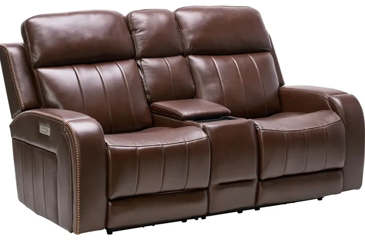 Maverick Brown Audio Triple Power Leather Reclining Console Loveseat