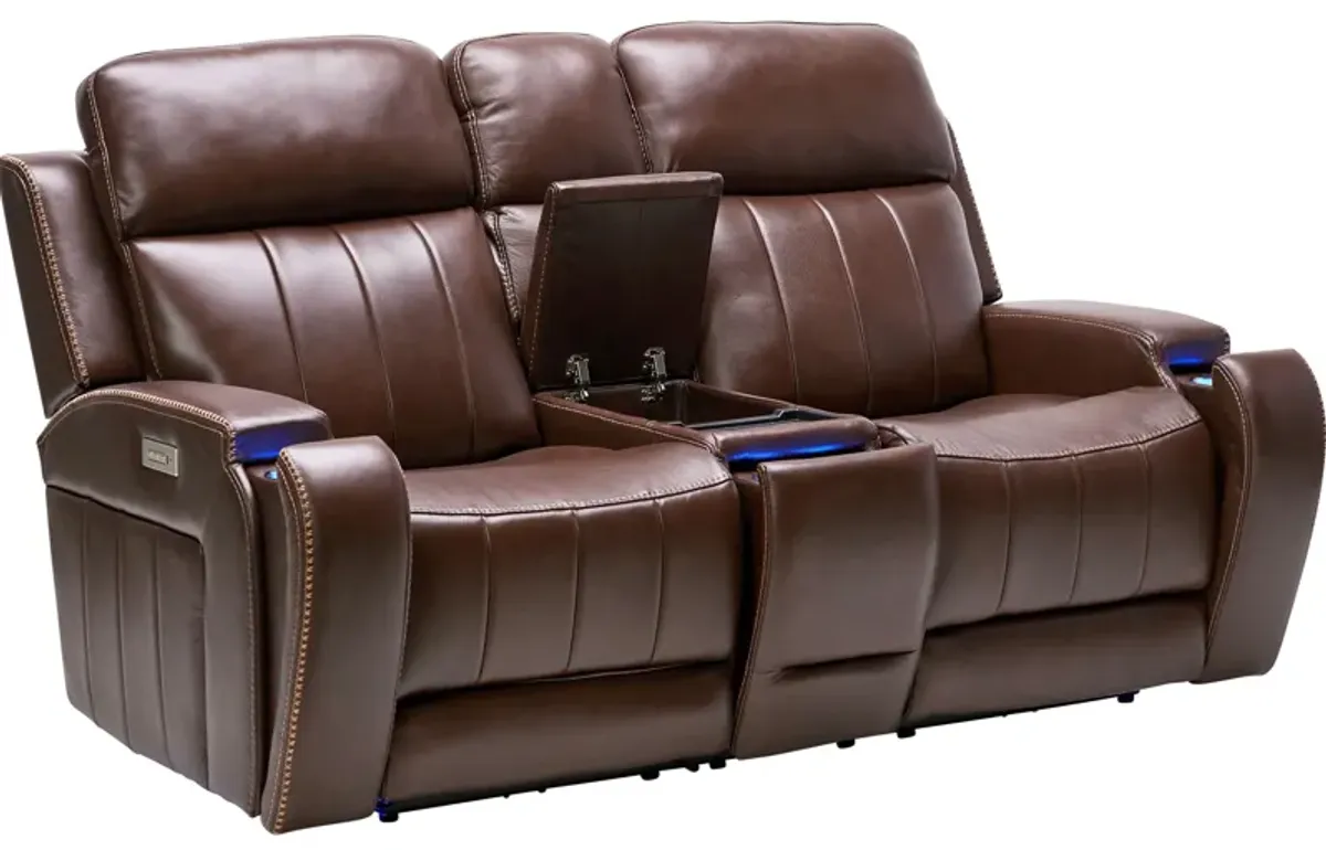 Maverick Brown Audio Triple Power Leather Reclining Console Loveseat