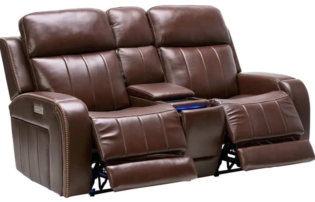 Maverick Brown Audio Triple Power Leather Reclining Console Loveseat