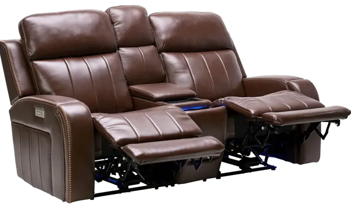 Maverick Brown Audio Triple Power Leather Reclining Console Loveseat