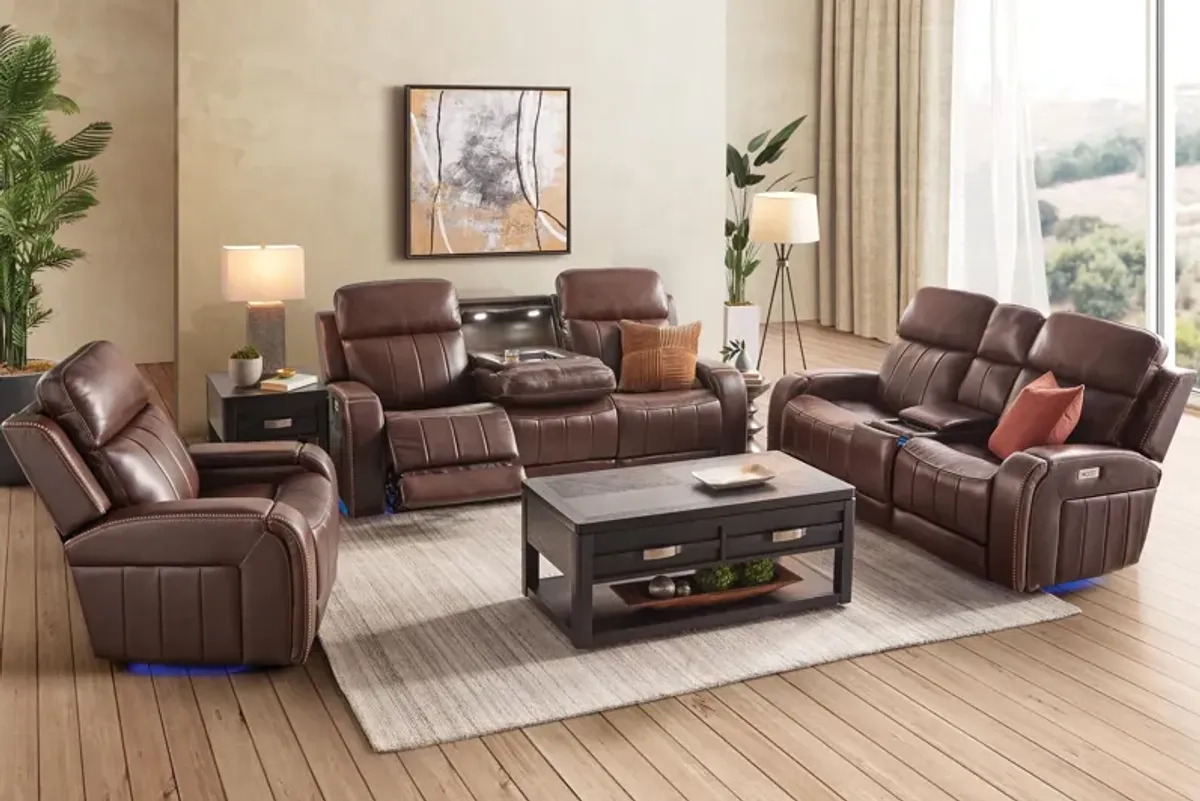 Maverick Brown Audio Triple Power Leather Reclining Console Loveseat