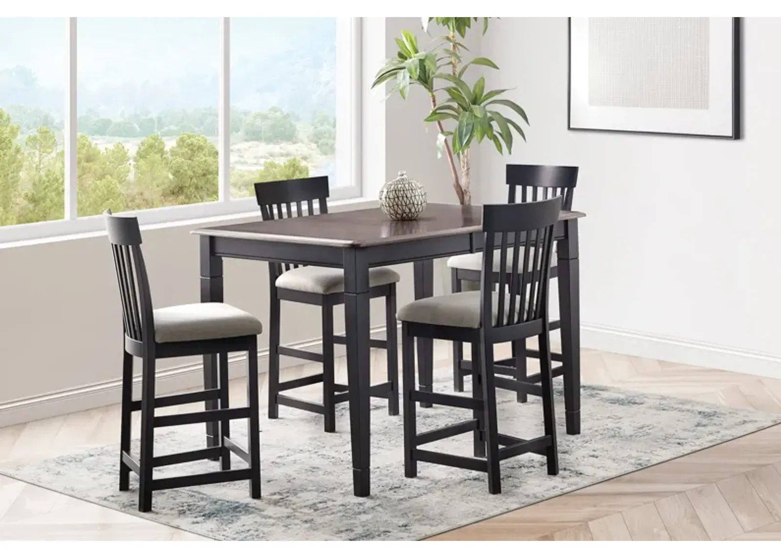 Anni Gathering Table in Driftwood Finish + 4 Upholstered Stools by Gascho