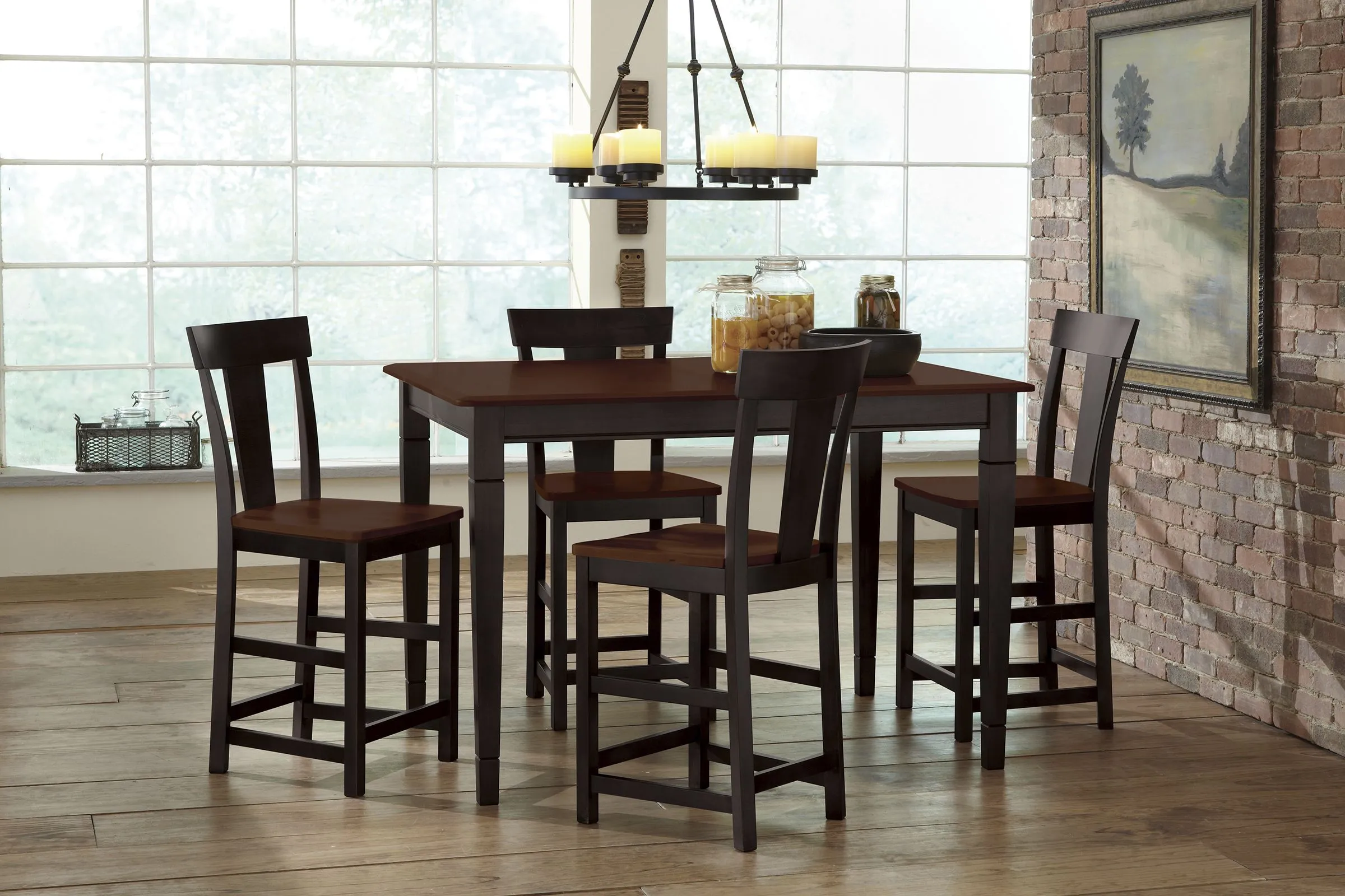 Anni Gathering Table with Auburn Finish + 4 Wood Stools by Gascho