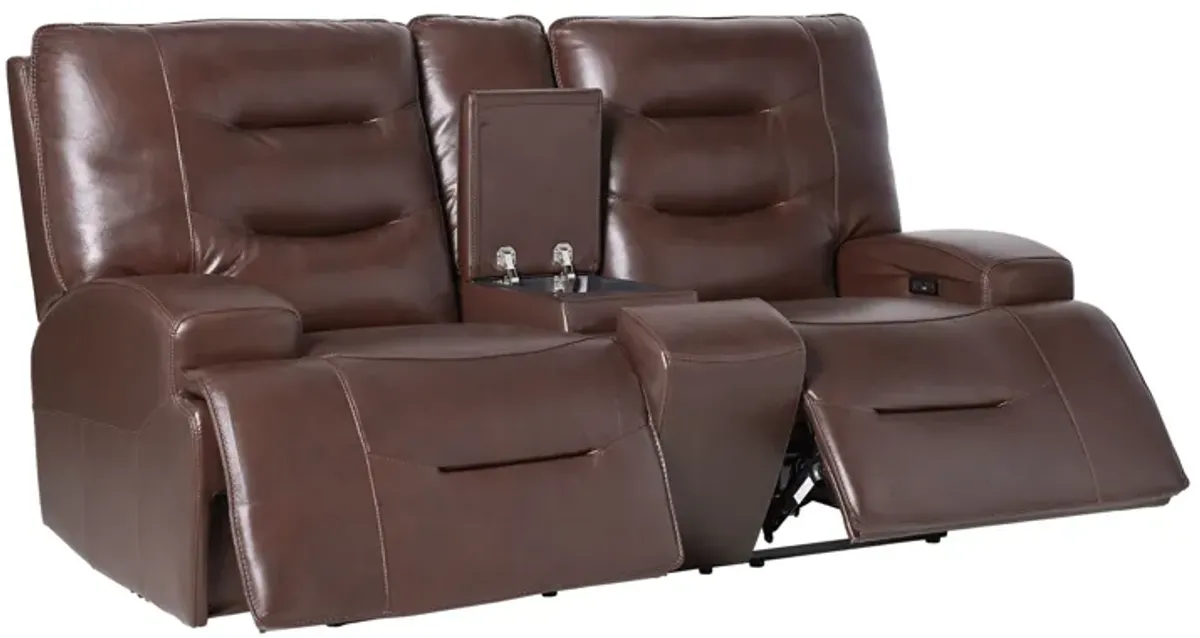 Cade Brown Leather Dual Power Reclining Console Loveseat