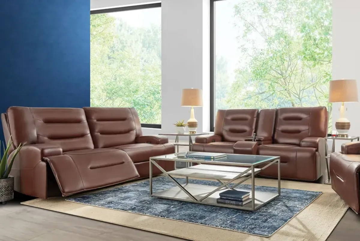 Cade Brown Leather Dual Power Reclining Console Loveseat