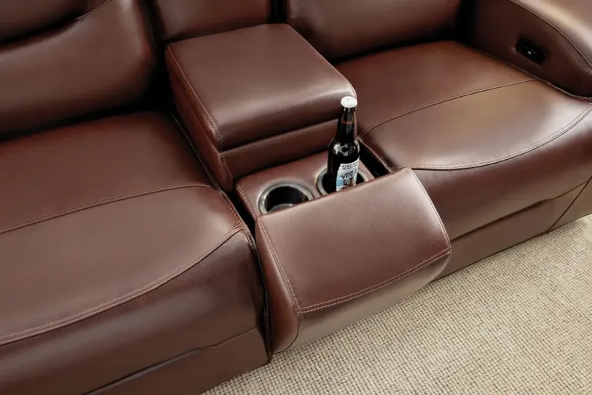 Cade Brown Leather Dual Power Reclining Console Loveseat