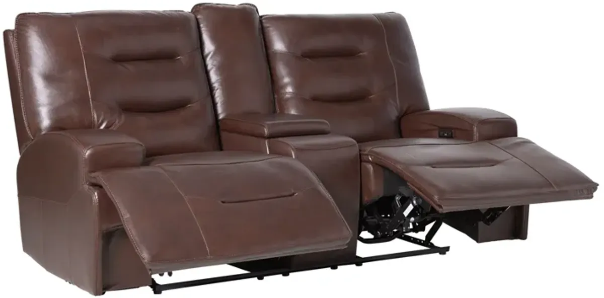 Cade Brown Leather Dual Power Reclining Console Loveseat