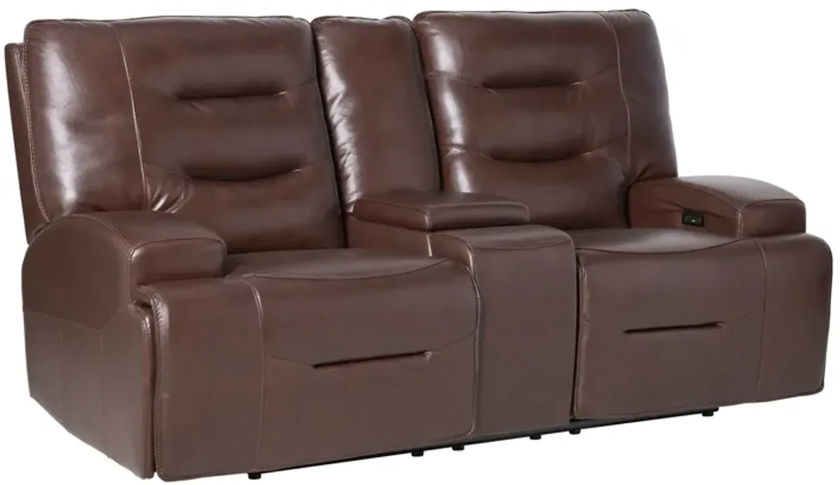 Cade Brown Leather Dual Power Reclining Console Loveseat