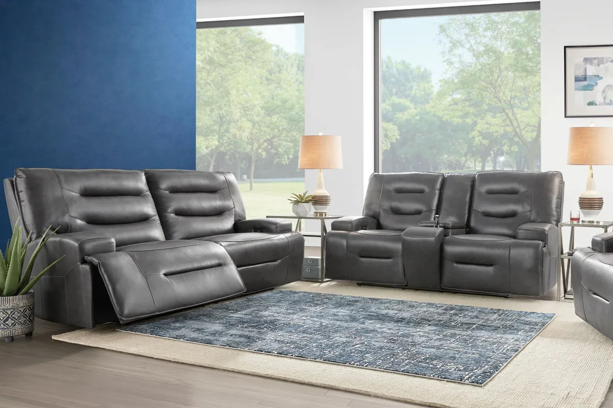 Cade Grey Leather Dual Power Reclining Console Loveseat