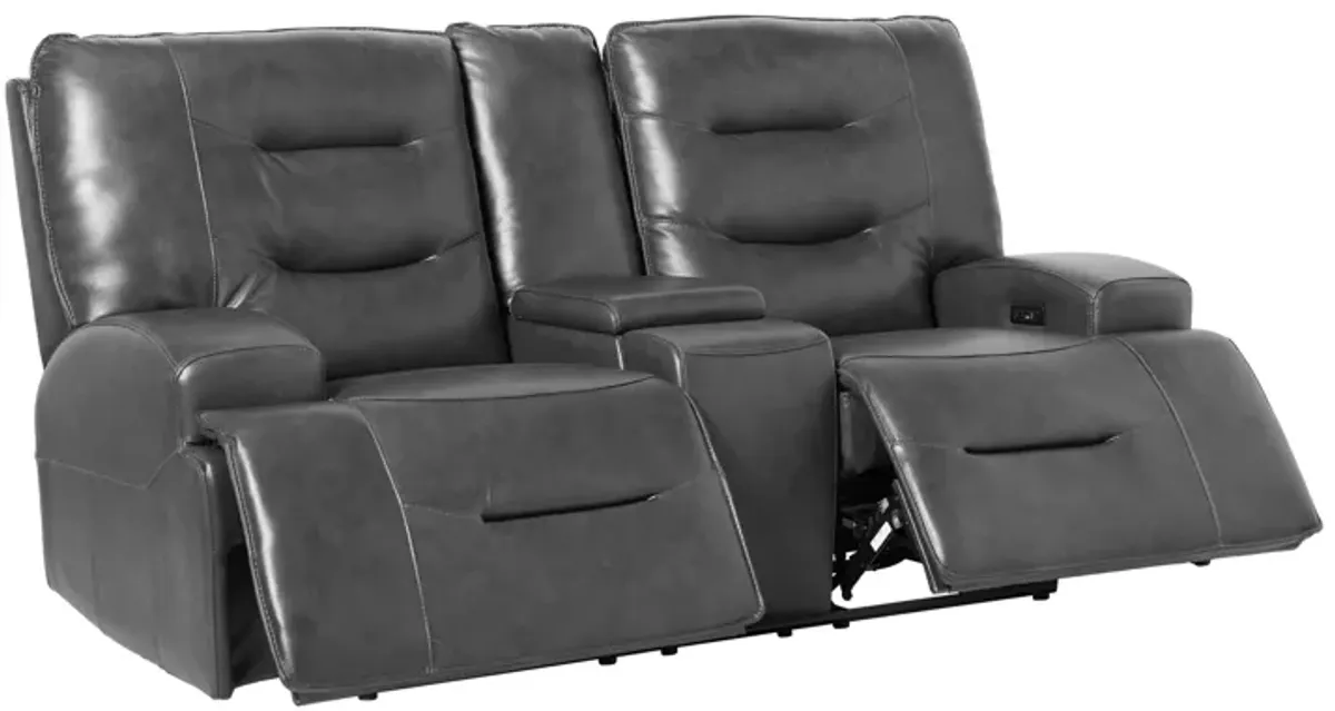 Cade Grey Leather Dual Power Reclining Console Loveseat