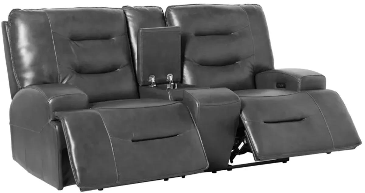 Cade Grey Leather Dual Power Reclining Console Loveseat