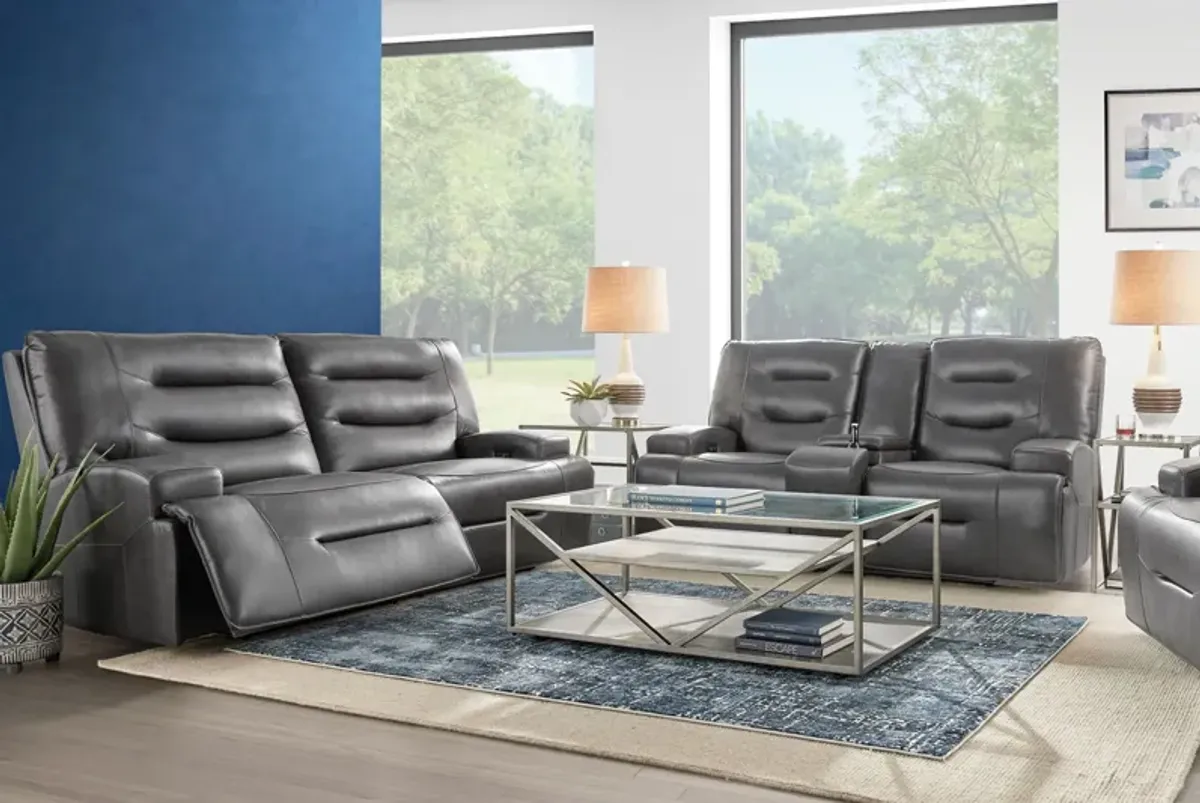 Cade Grey Leather Dual Power Reclining Console Loveseat