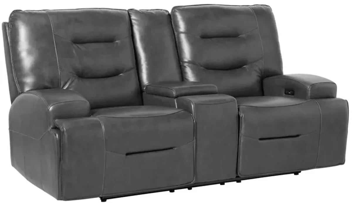 Cade Grey Leather Dual Power Reclining Console Loveseat