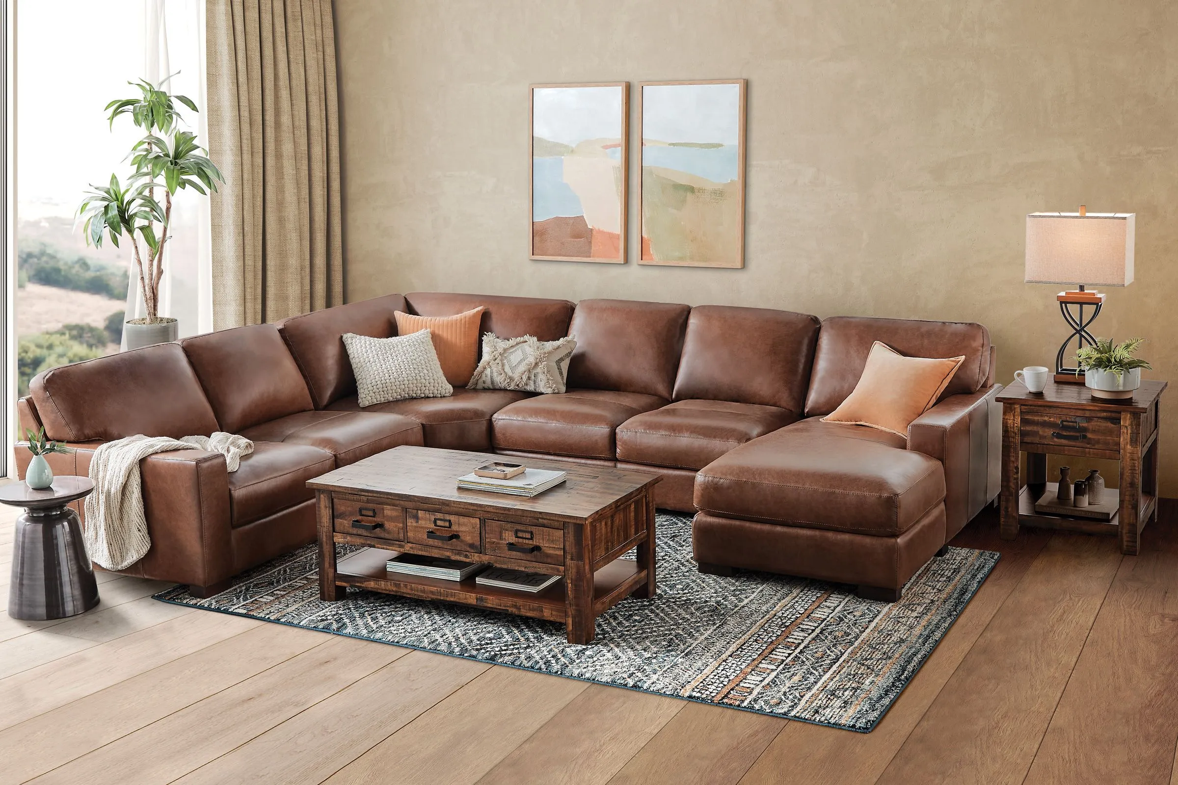 Miller Leather 4-Piece Sectional with Right Arm Facing Chaise