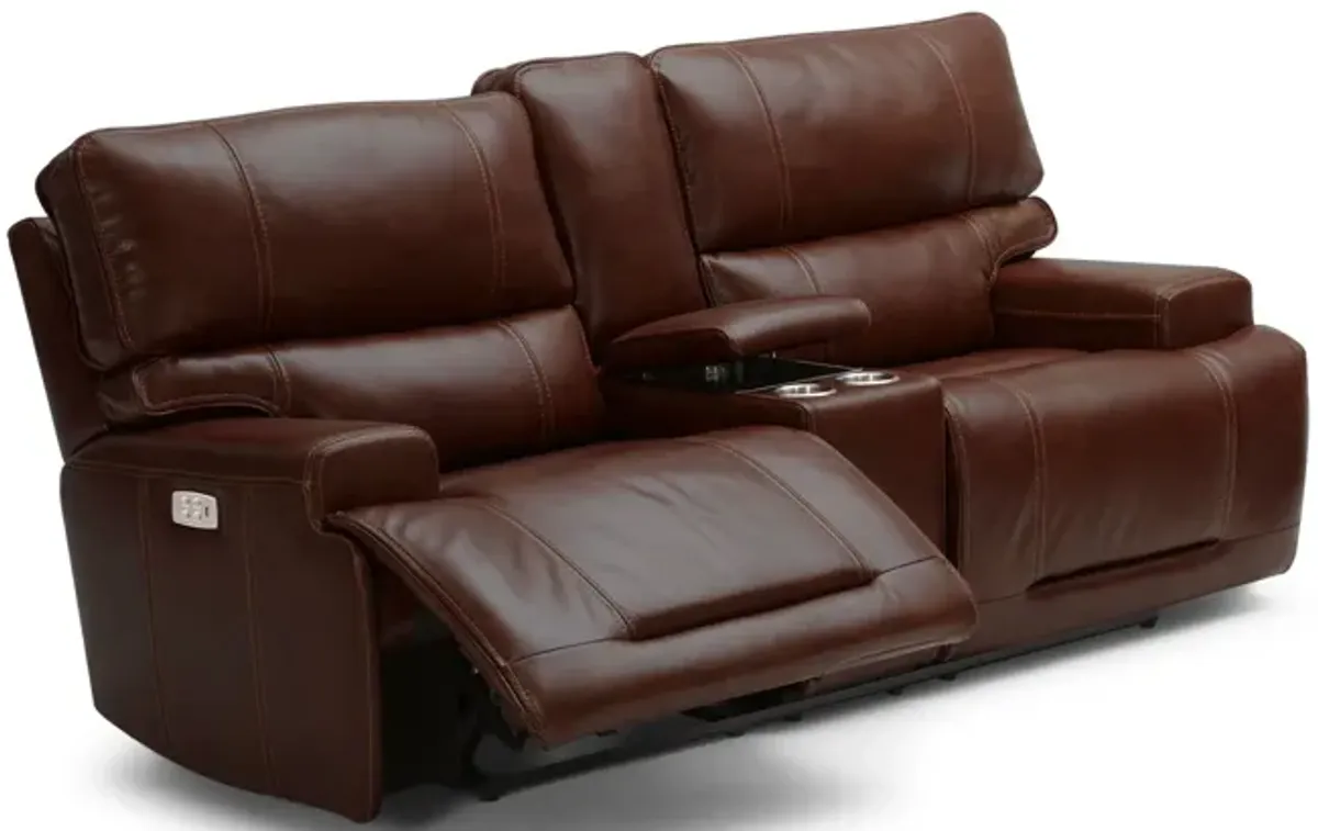 Graham Brown Leather Dual Power Reclining Console Loveseat