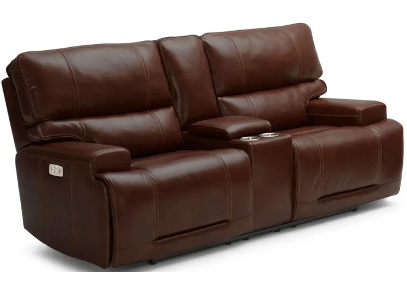 Graham Brown Leather Dual Power Reclining Console Loveseat