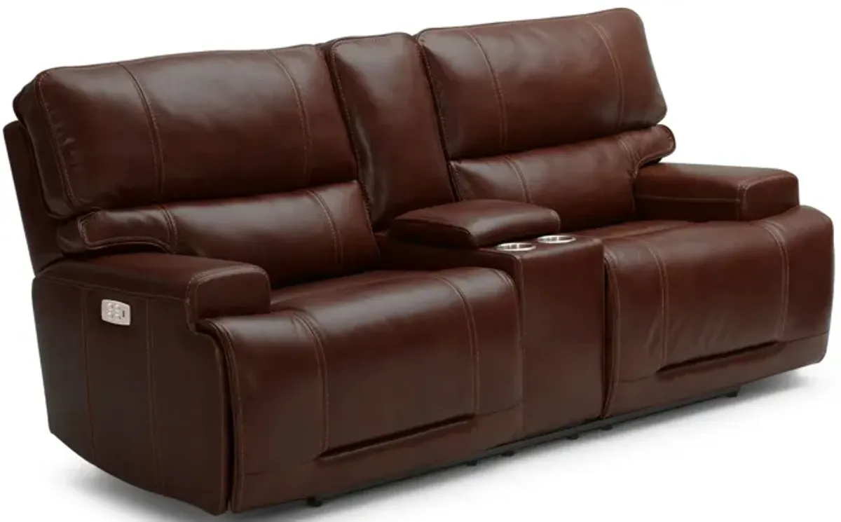 Graham Brown Leather Dual Power Reclining Console Loveseat