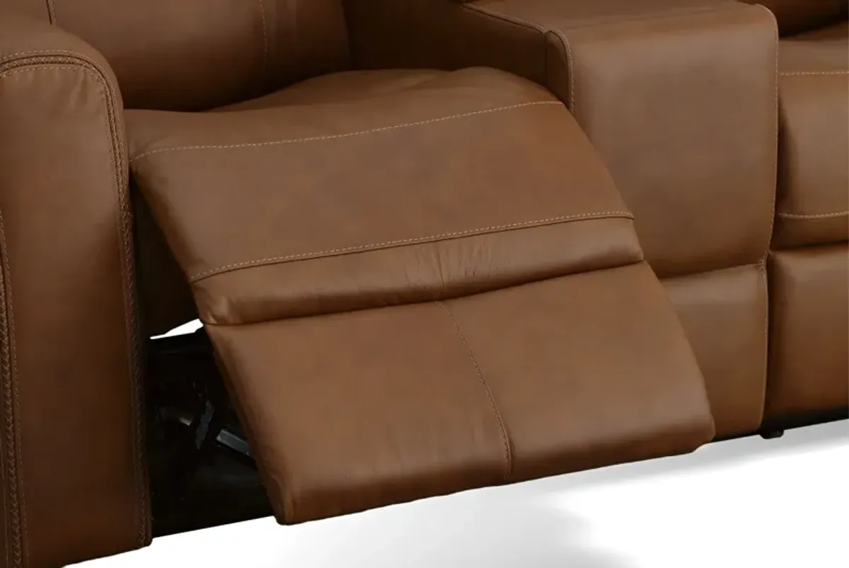 Linton Caramel Leather Triple Power Reclining Console Loveseat