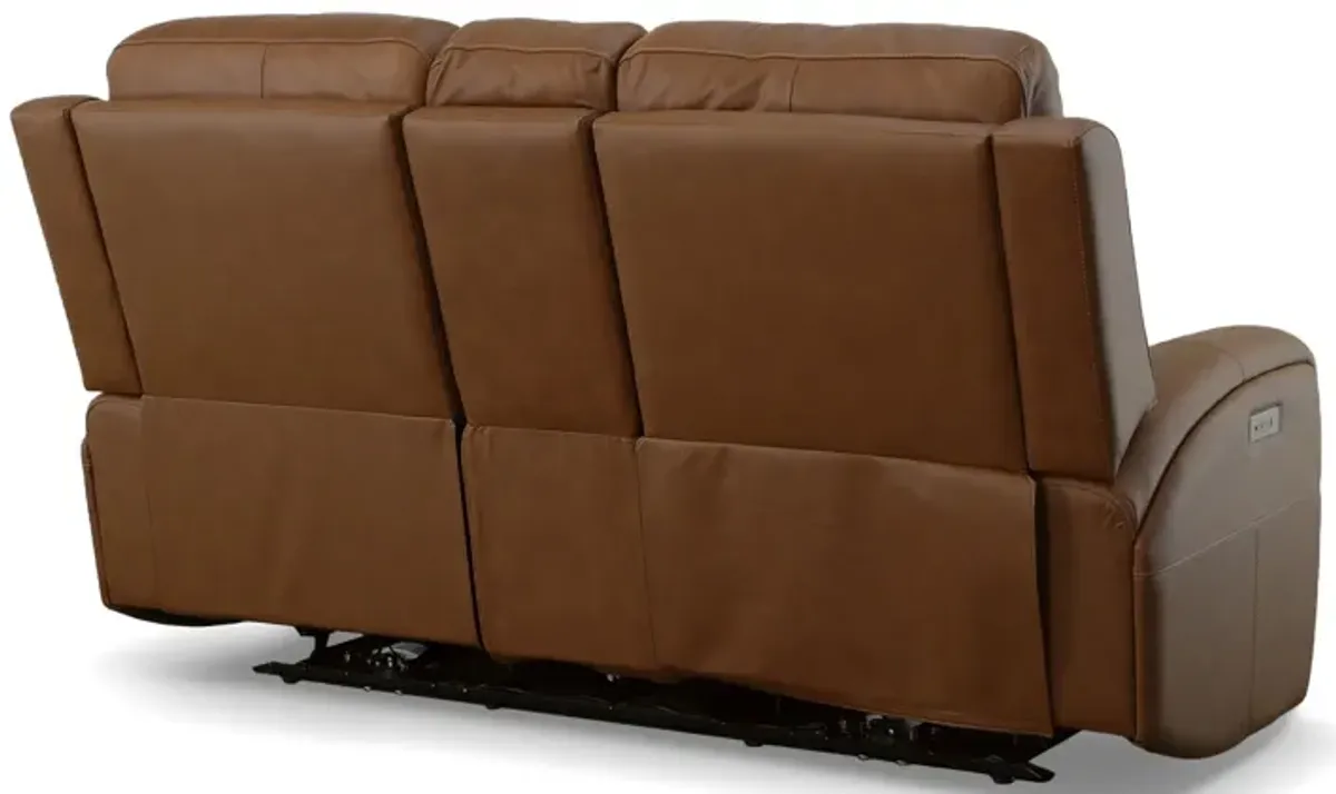 Linton Caramel Leather Triple Power Reclining Console Loveseat