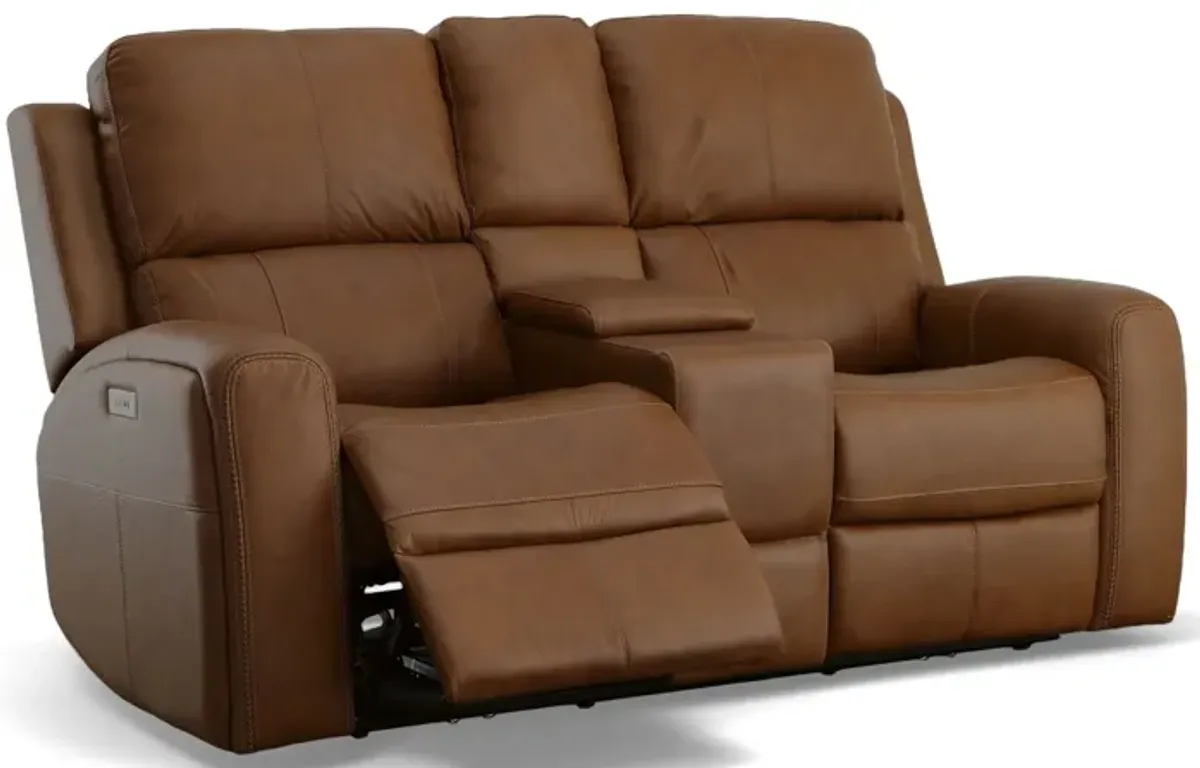 Linton Caramel Leather Triple Power Reclining Console Loveseat