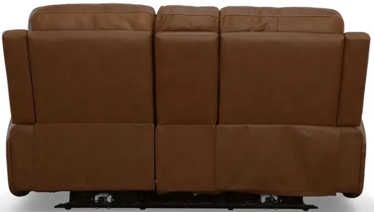 Linton Caramel Leather Triple Power Reclining Console Loveseat