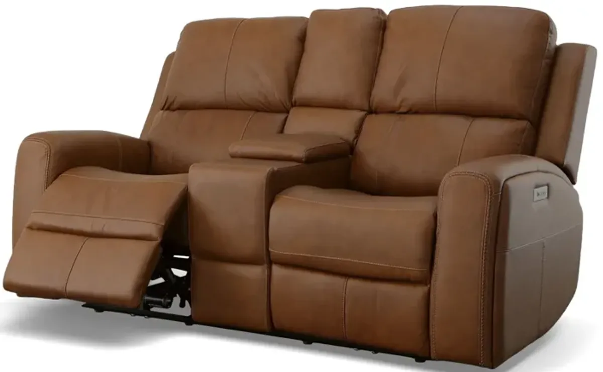 Linton Caramel Leather Triple Power Reclining Console Loveseat