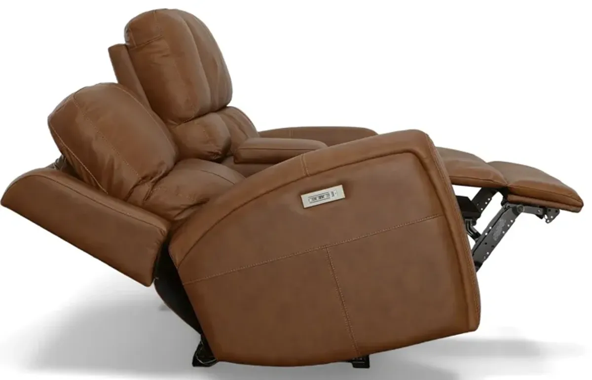 Linton Caramel Leather Triple Power Reclining Console Loveseat