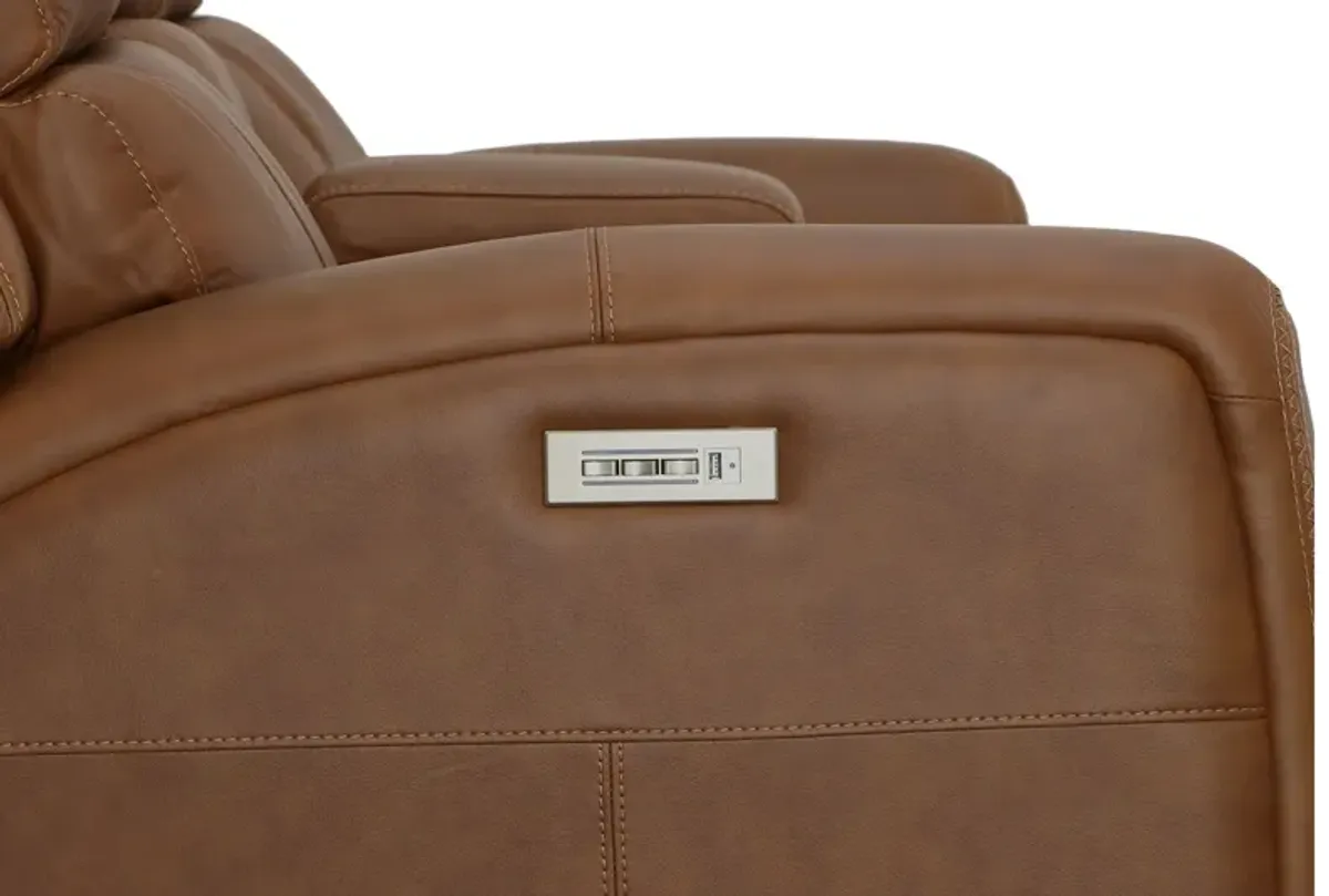 Linton Caramel Leather Triple Power Reclining Console Loveseat