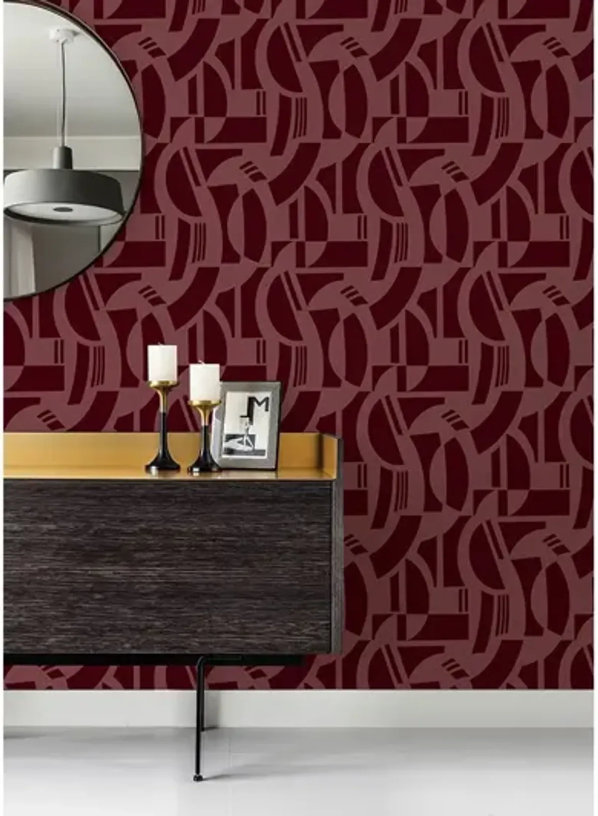 Carter Burgundy Geometric Flock Wallpaper