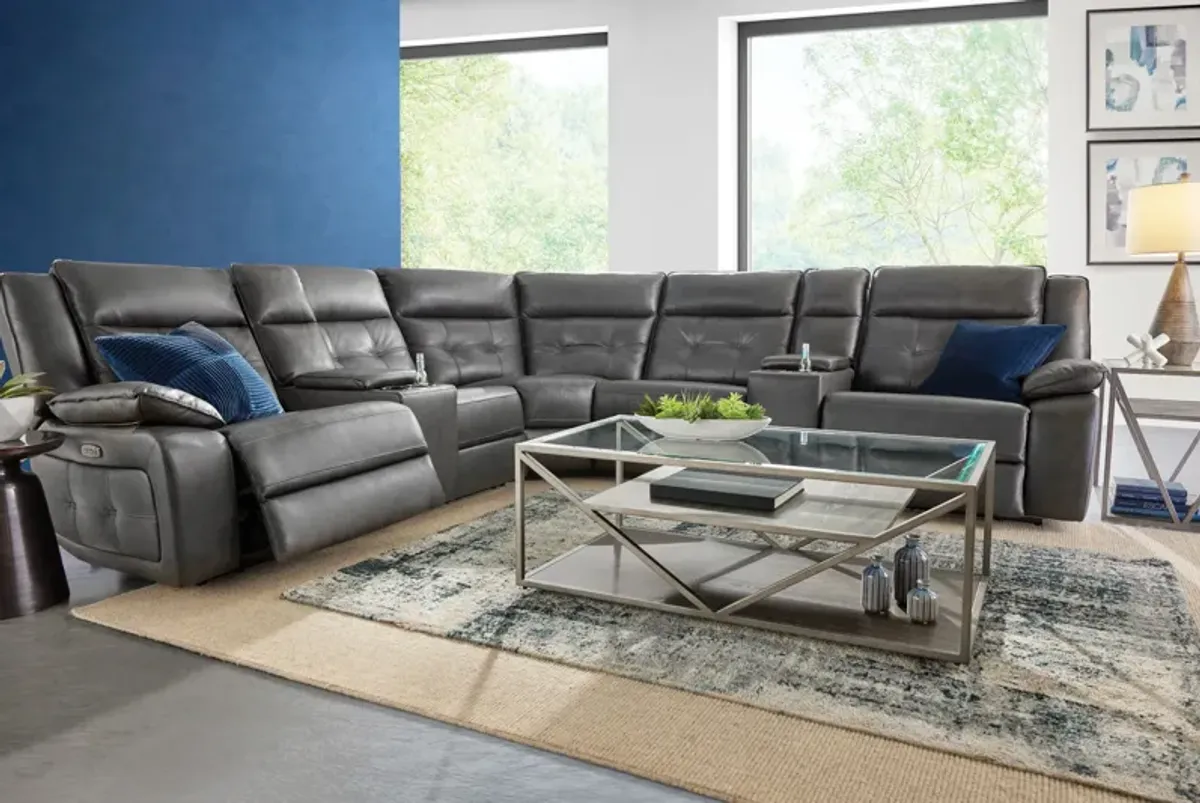 Orion 7-Piece Leather Dual Power Reclining Sectional with 2 Consoles