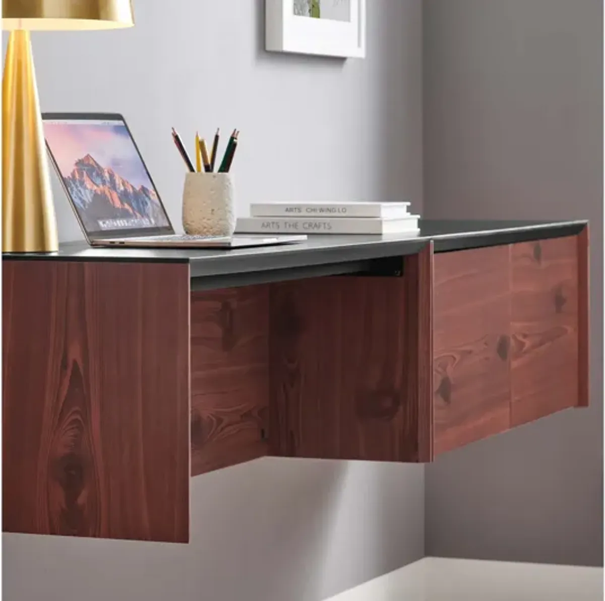 Kinetic 38" Wall-Mount Office Desk With Cabinet and Shelf by Modway